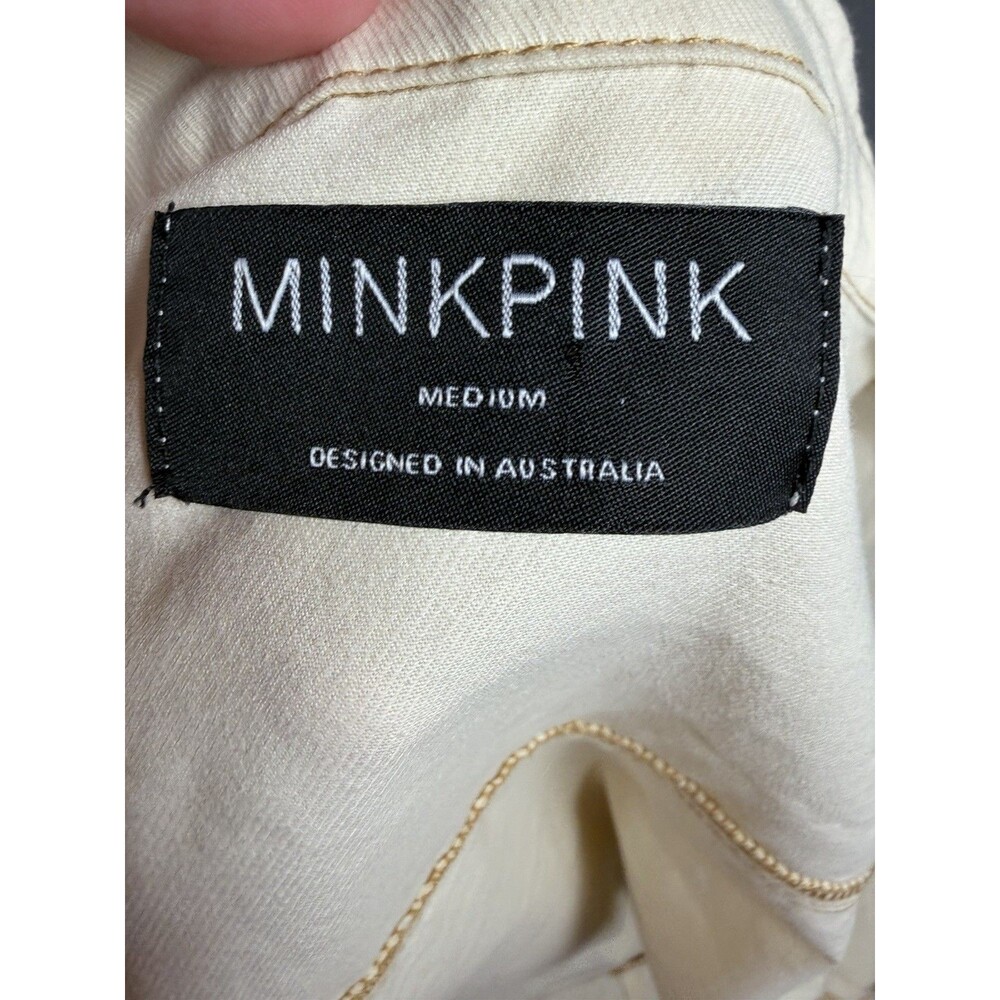 MINKPINK Cream Utility Shirt Dress Puff Sleeve Button Front Belted Dress Medium - Picture 9 of 16